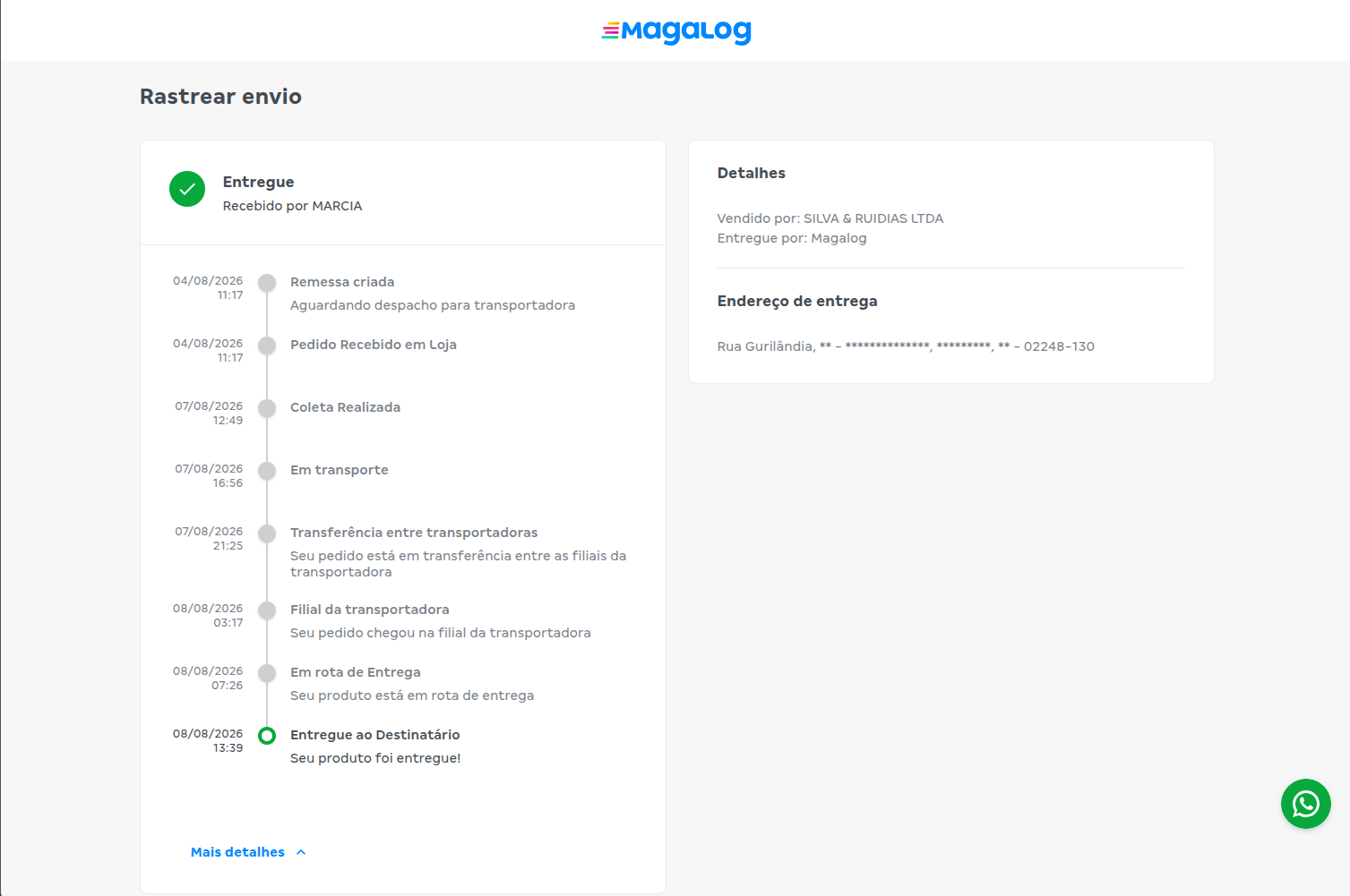 Exemplo de tela de acompanhamento de remessa
