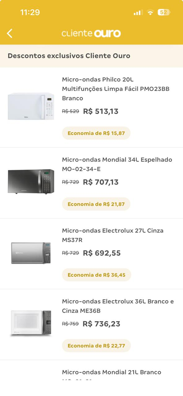 Exemplo da aplicação de desconto Cliente Ouro no Canal Magalu