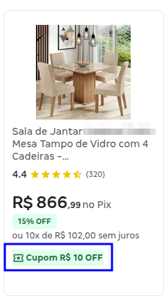 Exemplo da aplicação de desconto Cupom de Desconto no Canal Magalu
