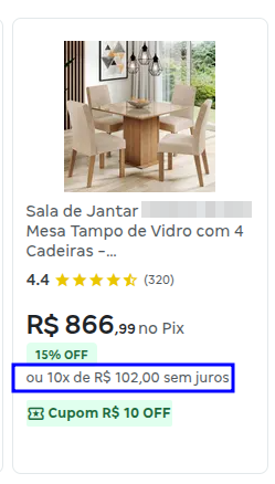 Exemplo da aplicação de desconto Preço Promocional no Canal Magalu